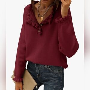 BTFBM Ruffle Neck Henley Sweater in Maroon, Foldover Collar, Sz Large, Like New!